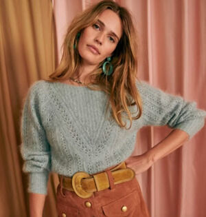 Sezane Rosa Sweater Mohair Wool Pointelle Knit Reversible Pullover Sea Mist XS/S